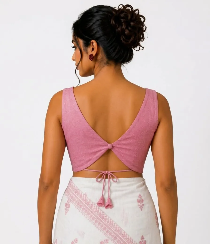Sleeveless V-Neck Readymade Saree Blouse with Open Back Bow Tie-Up | Premium Designer Crop Top Choli