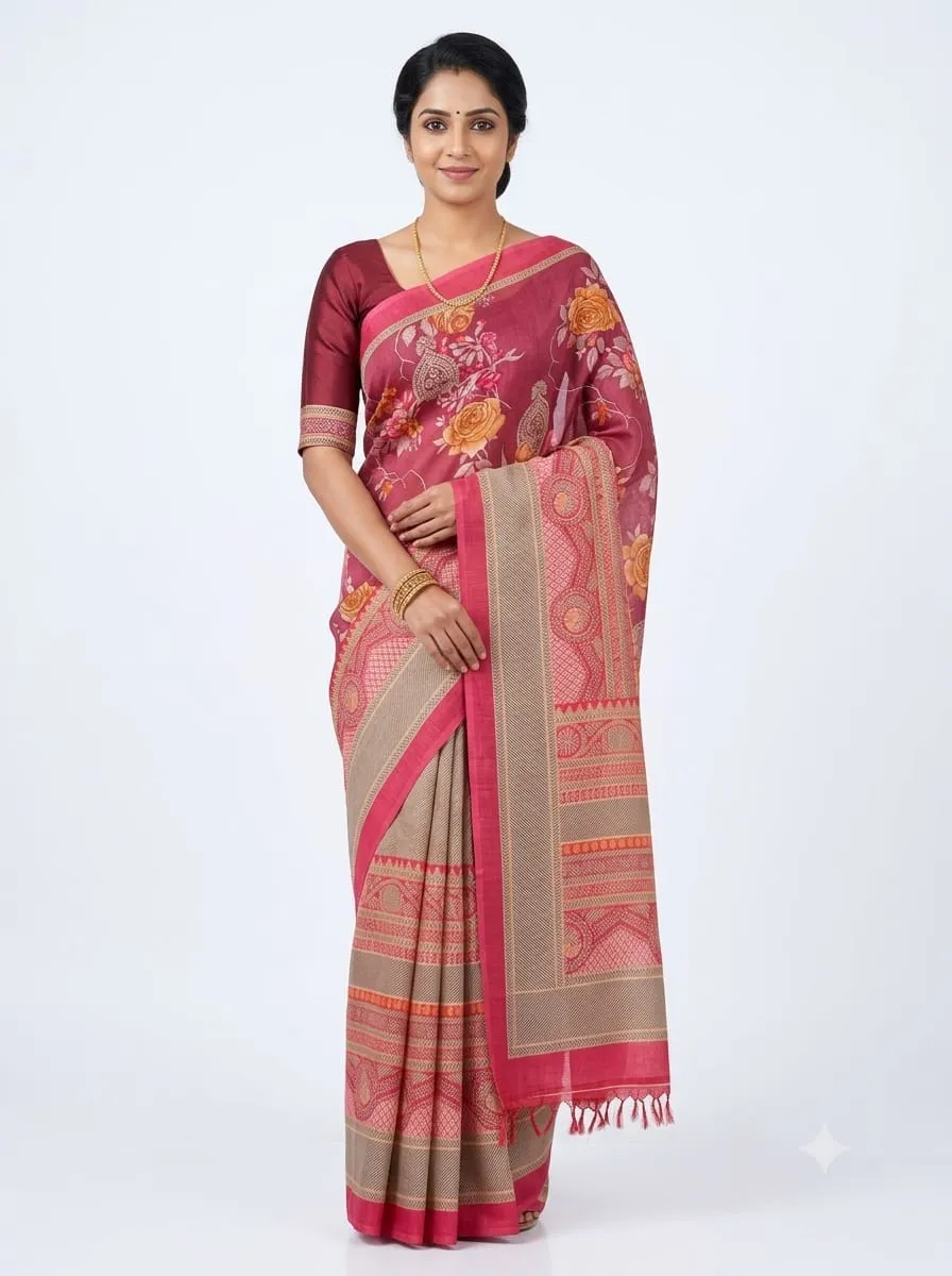 Soft Mulmul Silk Saree in Wine Pink & Beige – Festive Floral Printed Saree with Blouse Piece