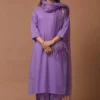 Solid Lavender Purple Pure Cotton Straight Kurti Salwar Pant Set with Zari Border Dupatta (Fully Stitched 3-Piece Suit)