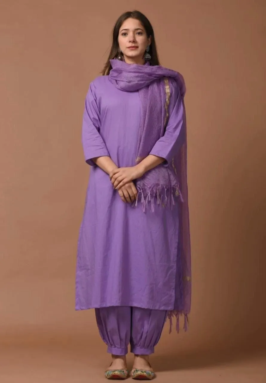 Solid Lavender Purple Pure Cotton Straight Kurti Salwar Pant Set with Zari Border Dupatta (Fully Stitched 3-Piece Suit)