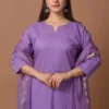 Solid Lavender Purple Pure Cotton Straight Kurti Salwar Pant Set with Zari Border Dupatta (Fully Stitched 3-Piece Suit) - Image 3