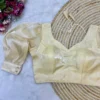 Solid Metallic Shimmer Padded Saree Blouse with Pleated Puff Sleeves & Double Button Wrist Cuff Detail - Image 2