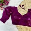 Solid Metallic Shimmer Padded Saree Blouse with Pleated Puff Sleeves & Double Button Wrist Cuff Detail - Image 5
