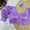Solid Metallic Shimmer Padded Saree Blouse with Pleated Puff Sleeves & Double Button Wrist Cuff Detail - Image 6