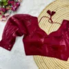 Solid Metallic Shimmer Padded Saree Blouse with Pleated Puff Sleeves & Double Button Wrist Cuff Detail - Image 7