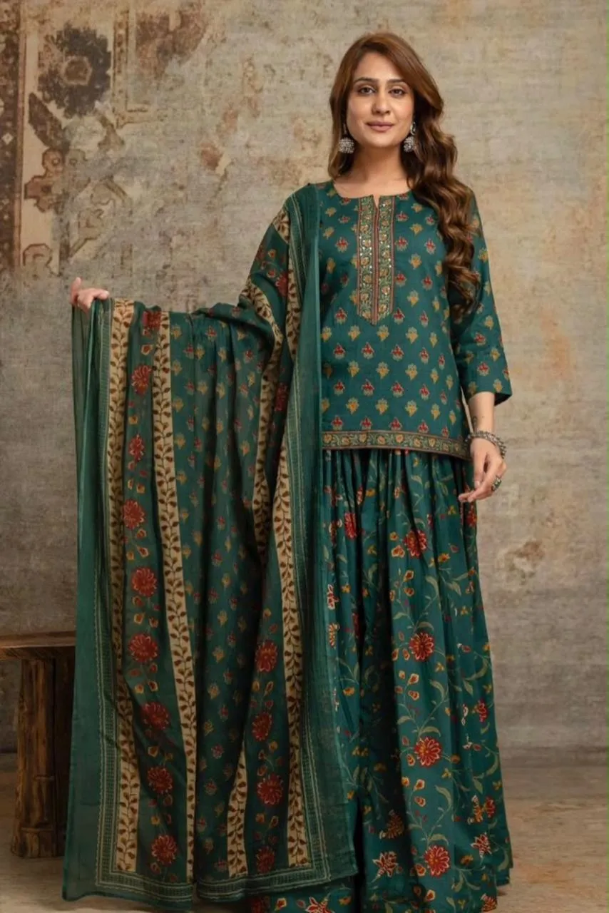 Traditional Gopi Style Cotton Flared Skirt Top 3-Piece Set
