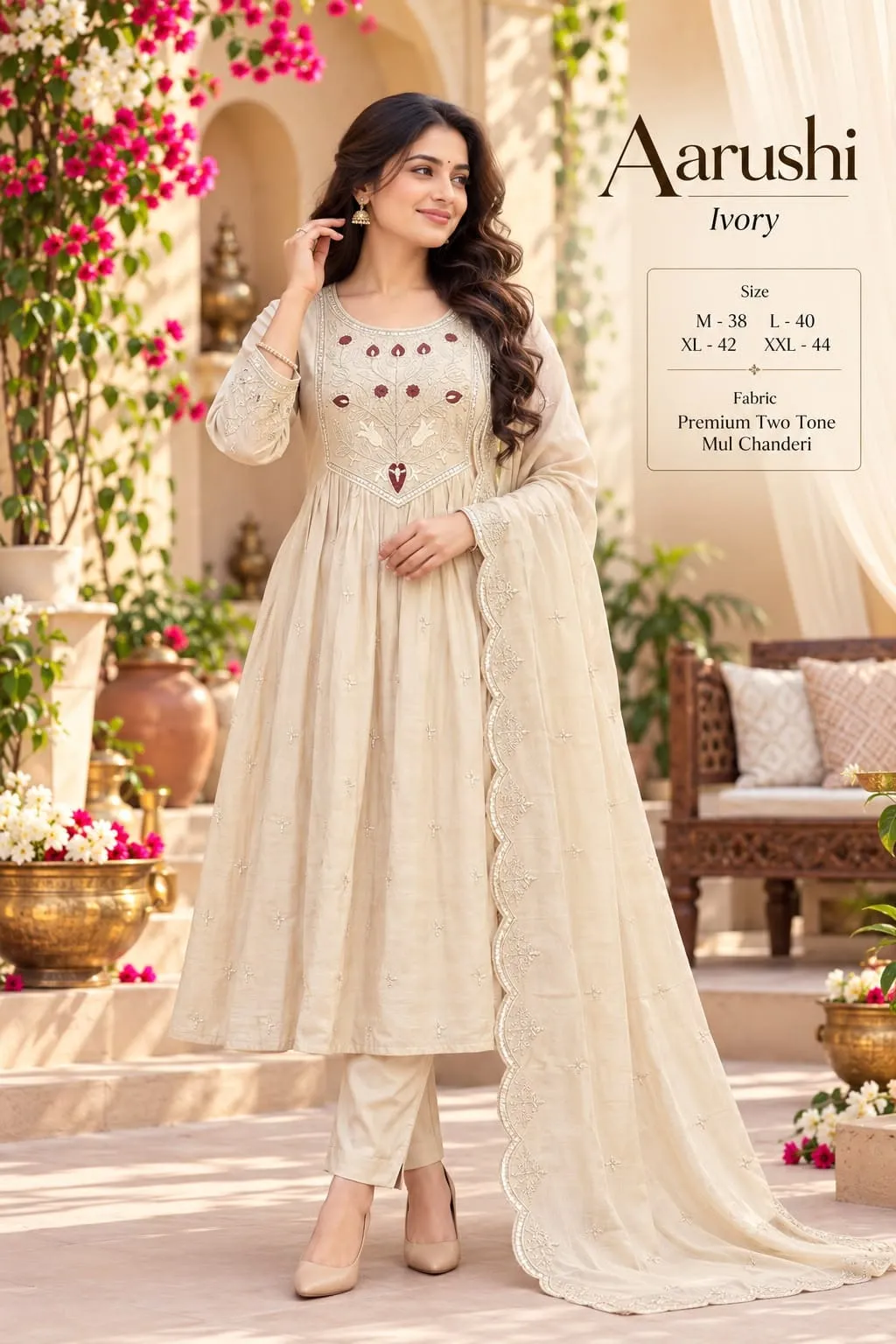 Two-Tone Mul Chanderi Embroidered Anarkali Suit Set with Scallop Dupatta & Pants | Festive Readymade 3-Piece Set