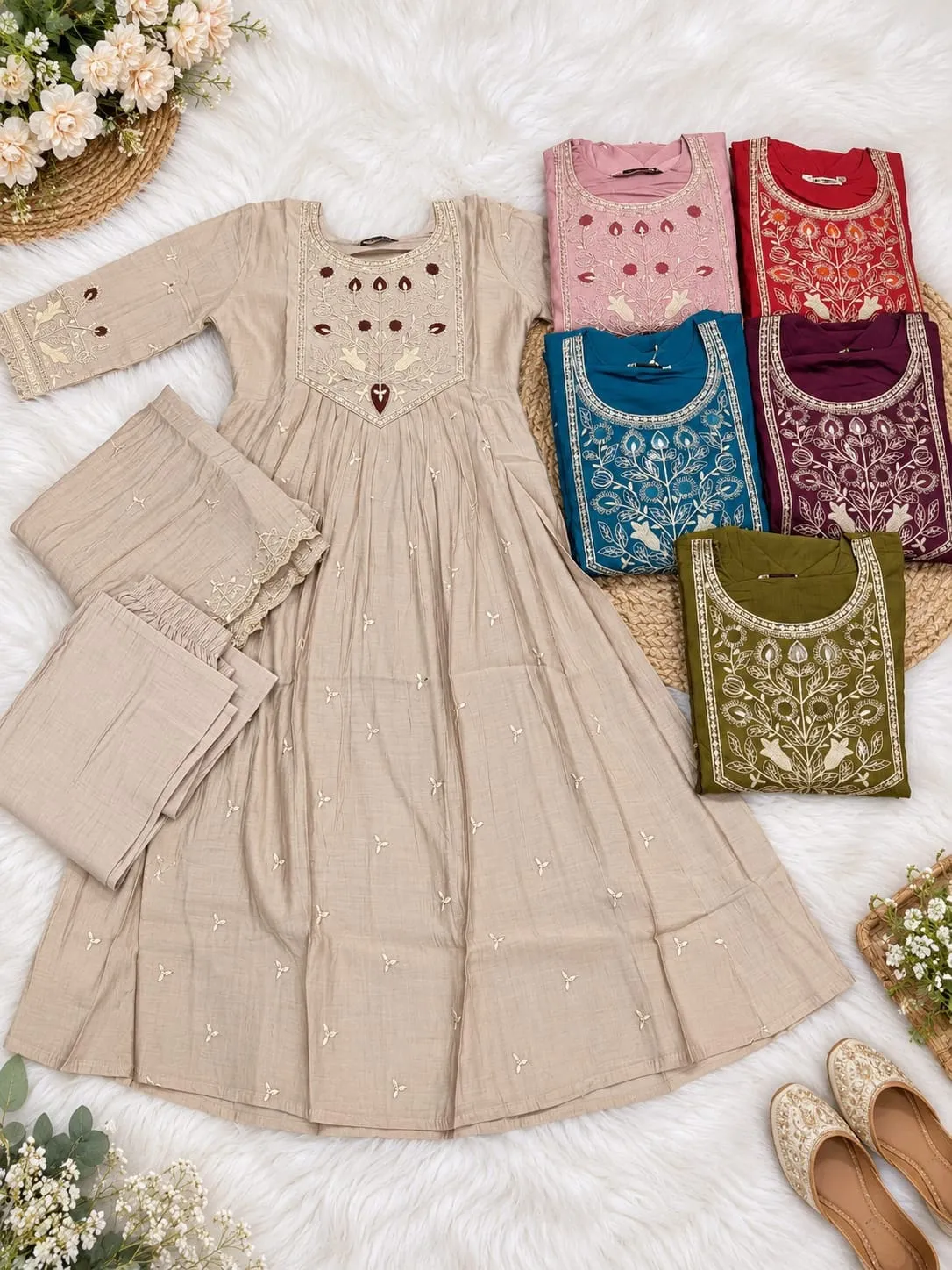Two-Tone Mul Chanderi Embroidered Flared Anarkali Kurta Set with Pant & Scallop Dupatta | Festive 3-Piece Suit (M–XXL)