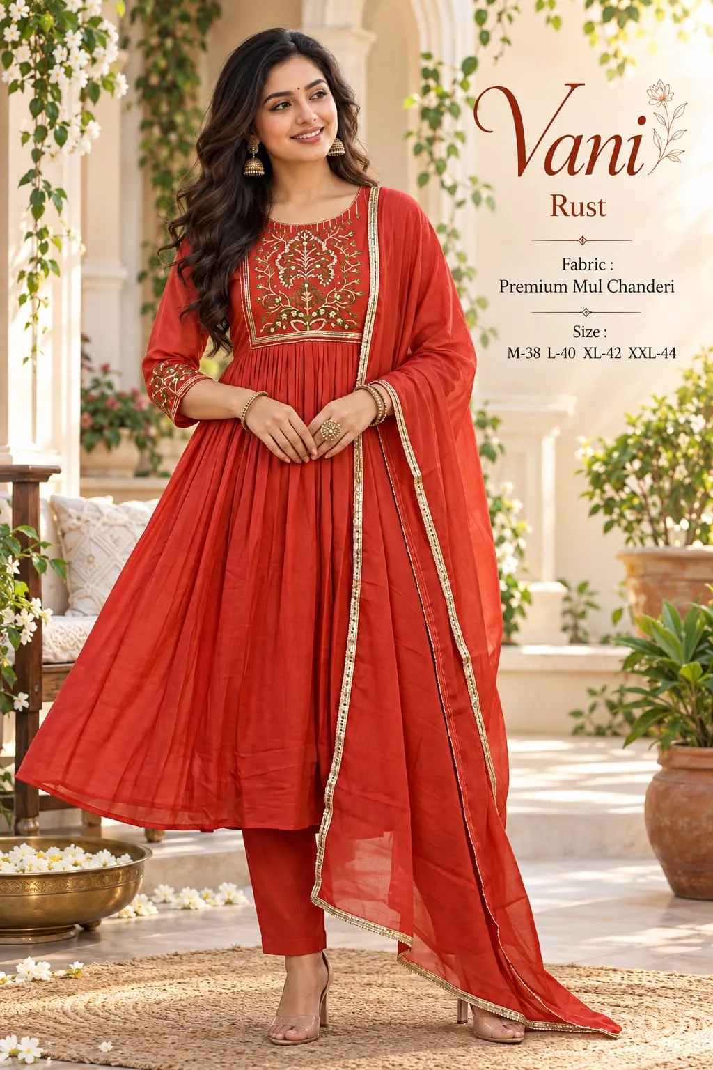 VANI Mul Chanderi Anarkali Kurta Set with Dupatta & Pants | Embroidered Yoke Flared Festive 3-Piece Suit