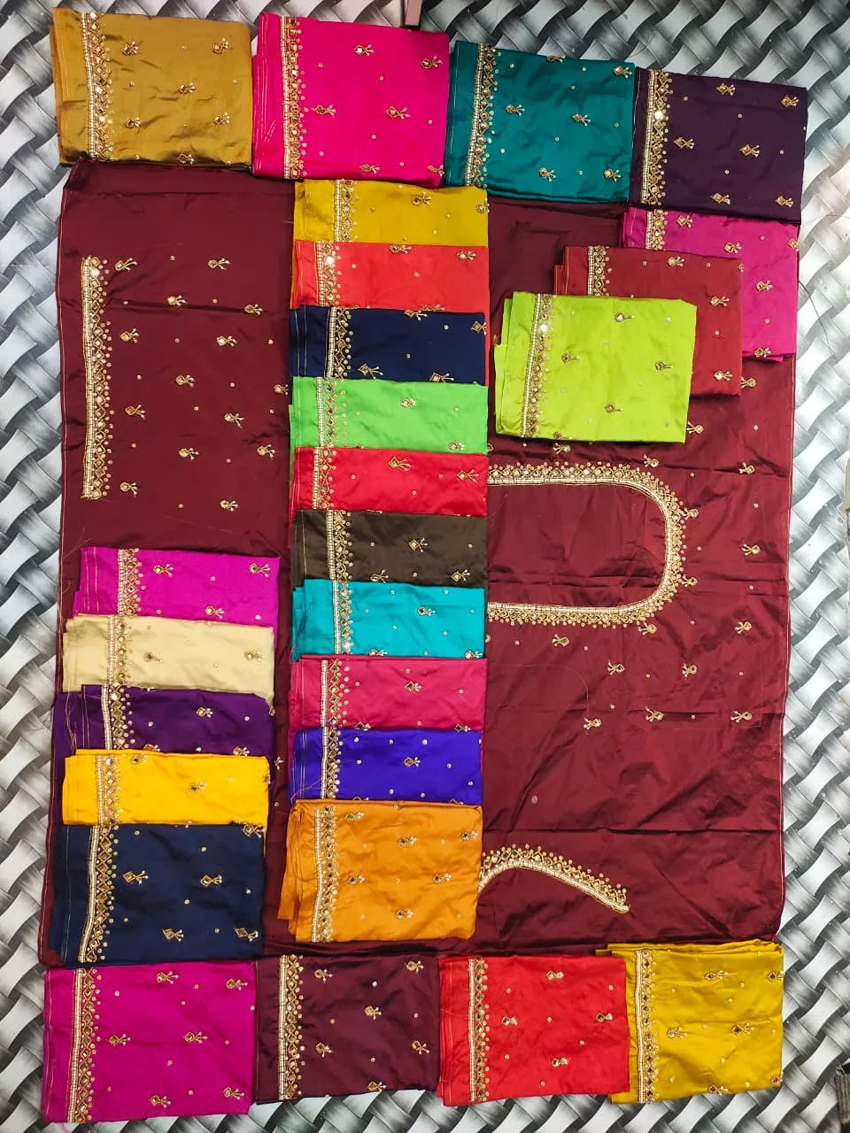 Wholesale Mirror & Maggam Work Saree Blouse Material / Cut Pieces | Multi-Color Raw Silk Unstitched Blouses with Embroidered Neck & Sleeve Borders