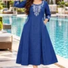 Women Blue Embroidered Denim A-Line Midi Dress with Pockets | Casual Flared Jean Kurti Frock - Image 2