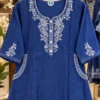 Women Blue Embroidered Denim A-Line Midi Dress with Pockets | Casual Flared Jean Kurti Frock - Image 3