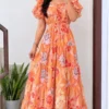 Women Floral Printed Georgette Tiered Maxi Dress | Ruffled Short Sleeve Long Frock Gown