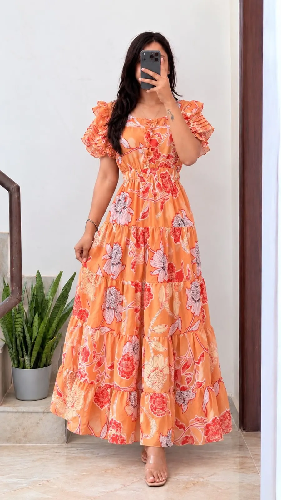 Women Floral Printed Georgette Tiered Maxi Dress | Ruffled Short Sleeve Long Frock Gown