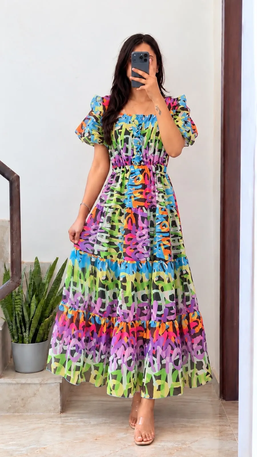 Women Floral Printed Georgette Tiered Maxi Dress | Ruffled Short Sleeve Long Frock Gown - Image 10