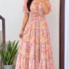 Women Floral Printed Georgette Tiered Maxi Dress | Ruffled Short Sleeve Long Frock Gown - Image 11