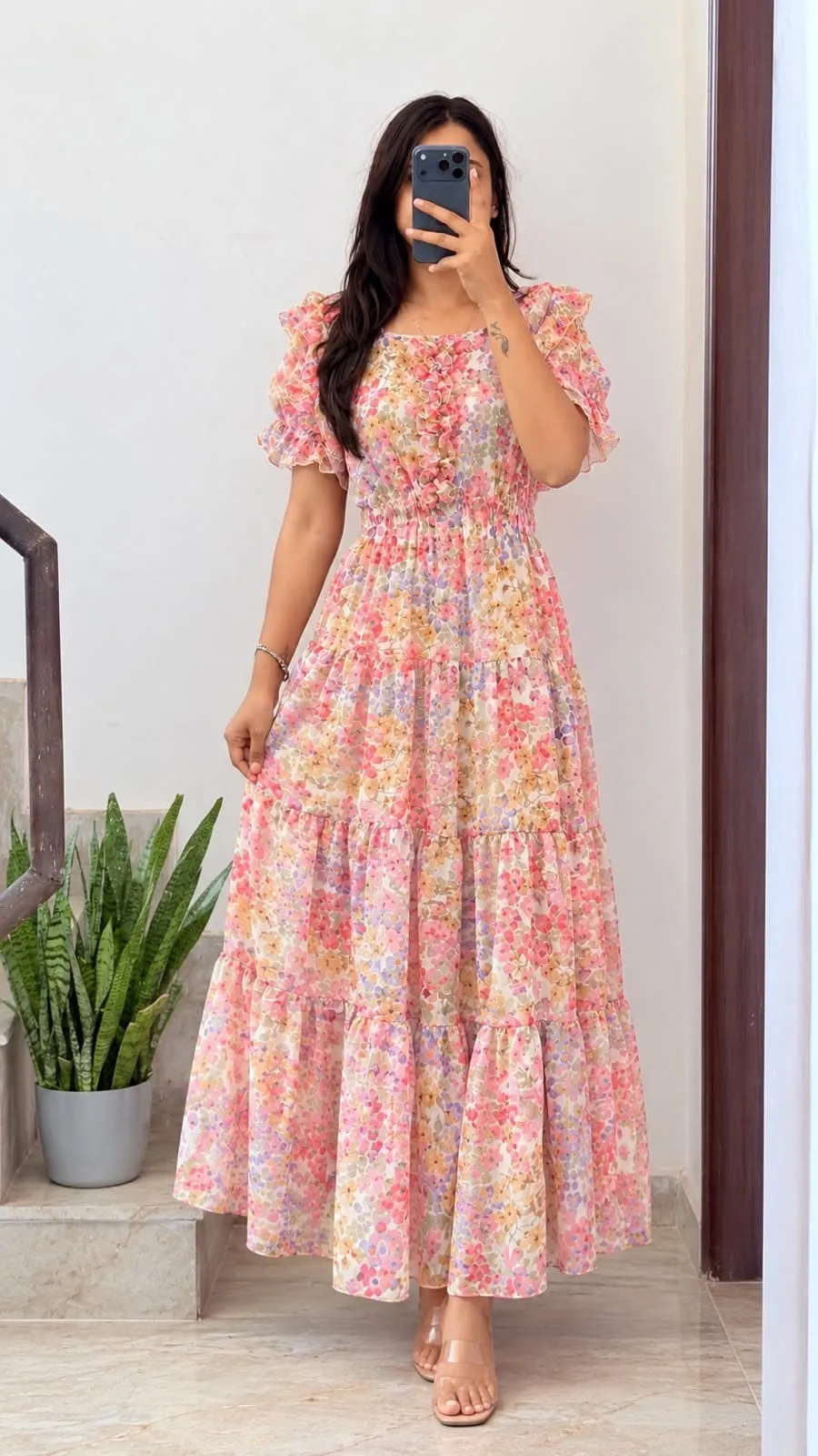 Women Floral Printed Georgette Tiered Maxi Dress | Ruffled Short Sleeve Long Frock Gown - Image 11