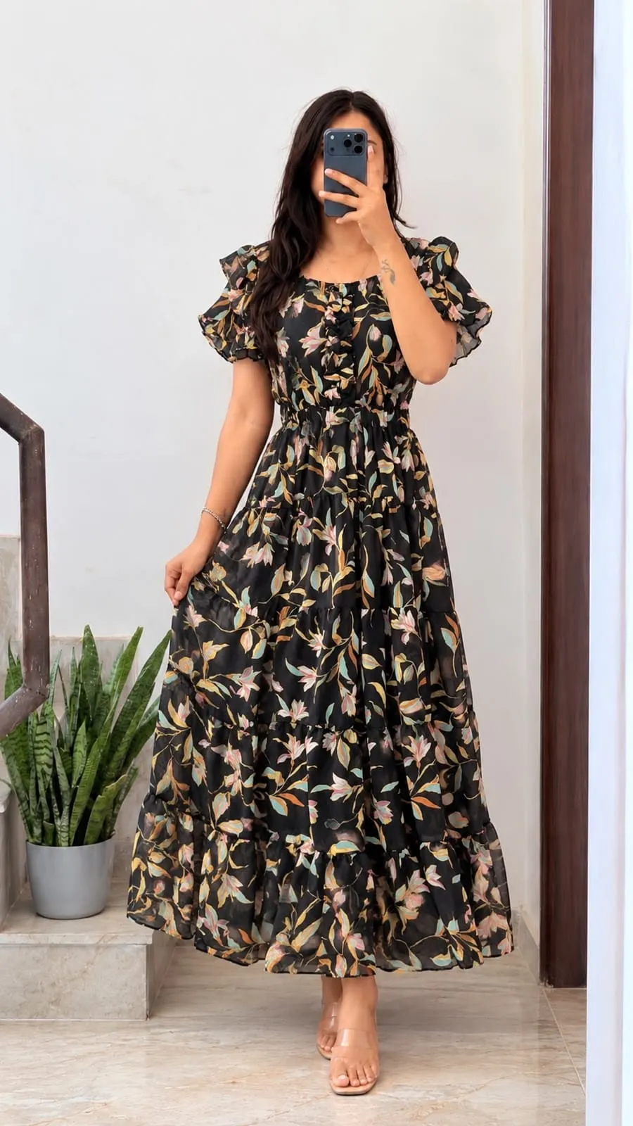 Women Floral Printed Georgette Tiered Maxi Dress | Ruffled Short Sleeve Long Frock Gown - Image 2