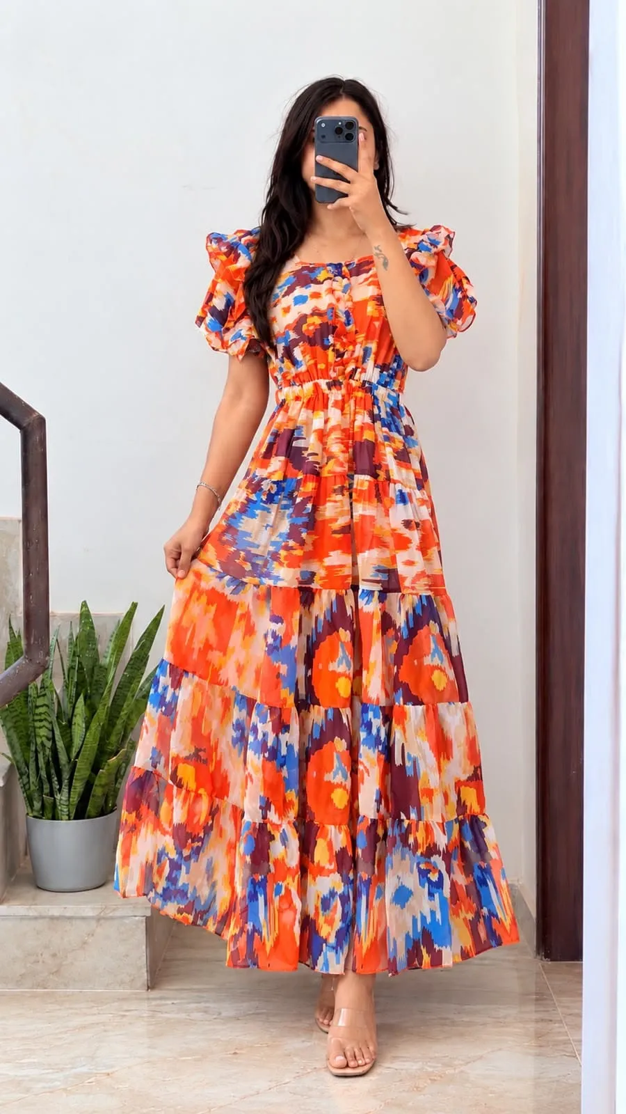 Women Floral Printed Georgette Tiered Maxi Dress | Ruffled Short Sleeve Long Frock Gown - Image 3