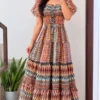 Women Floral Printed Georgette Tiered Maxi Dress | Ruffled Short Sleeve Long Frock Gown - Image 4