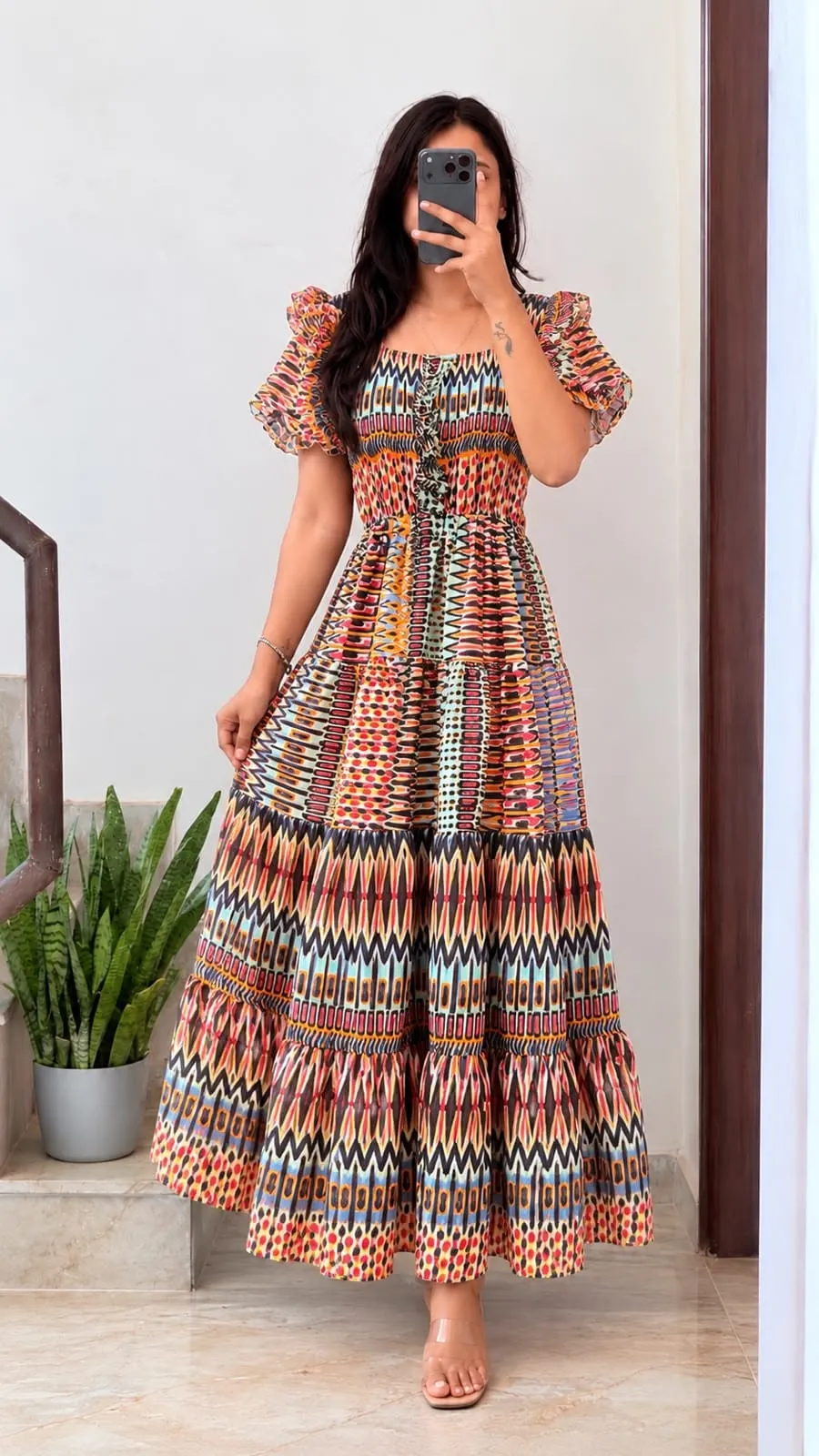 Women Floral Printed Georgette Tiered Maxi Dress | Ruffled Short Sleeve Long Frock Gown - Image 4