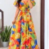 Women Floral Printed Georgette Tiered Maxi Dress | Ruffled Short Sleeve Long Frock Gown - Image 5