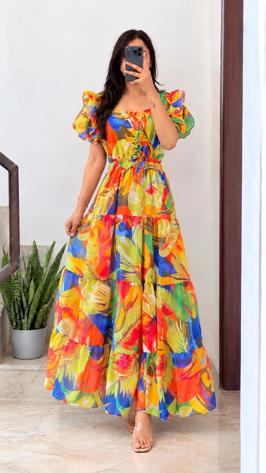 Women Floral Printed Georgette Tiered Maxi Dress | Ruffled Short Sleeve Long Frock Gown - Image 5