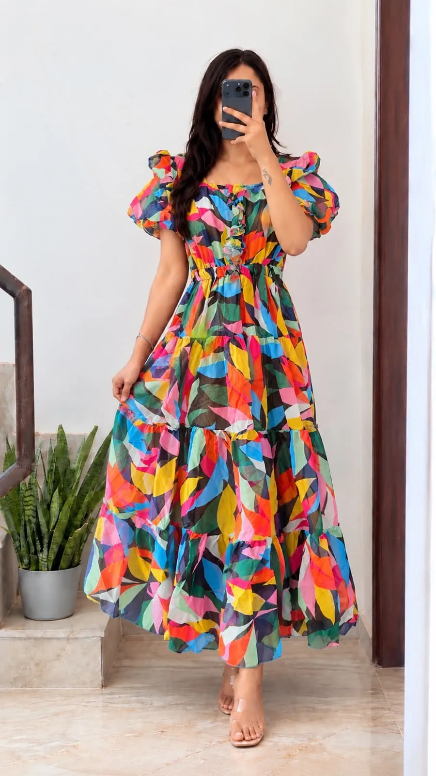 Women Floral Printed Georgette Tiered Maxi Dress | Ruffled Short Sleeve Long Frock Gown - Image 6