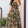 Women Floral Printed Georgette Tiered Maxi Dress | Ruffled Short Sleeve Long Frock Gown - Image 7