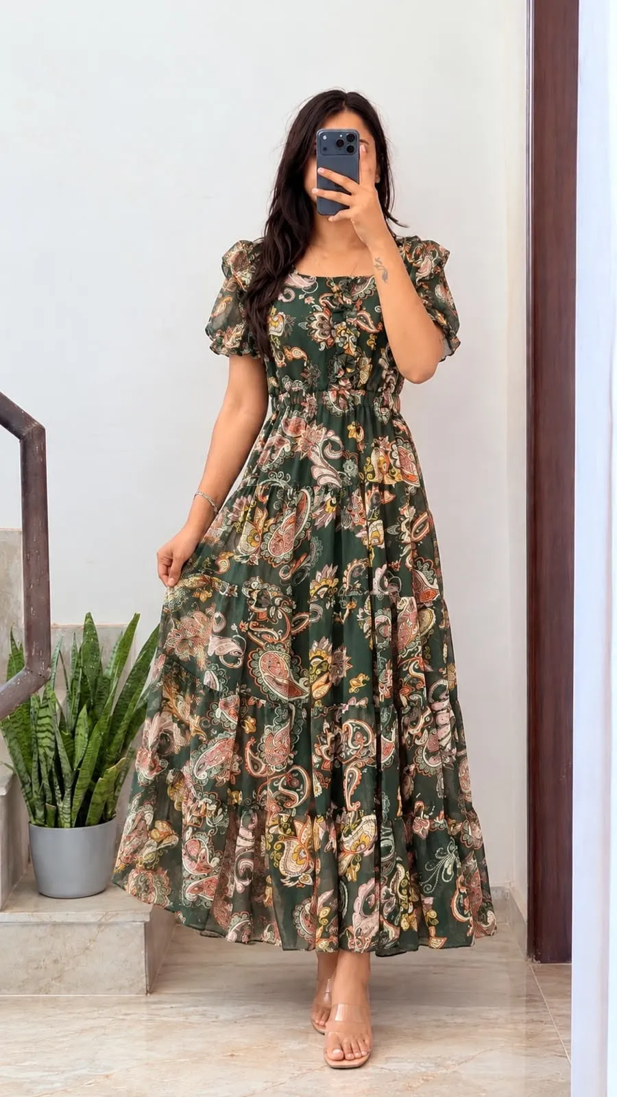 Women Floral Printed Georgette Tiered Maxi Dress | Ruffled Short Sleeve Long Frock Gown - Image 7
