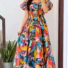 Women Floral Printed Georgette Tiered Maxi Dress | Ruffled Short Sleeve Long Frock Gown - Image 8
