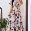 Women Floral Printed Georgette Tiered Maxi Dress | Ruffled Short Sleeve Long Frock Gown - Image 9