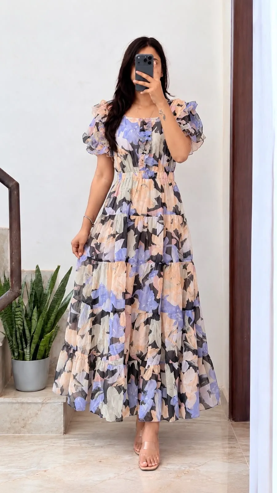 Women Floral Printed Georgette Tiered Maxi Dress | Ruffled Short Sleeve Long Frock Gown - Image 9
