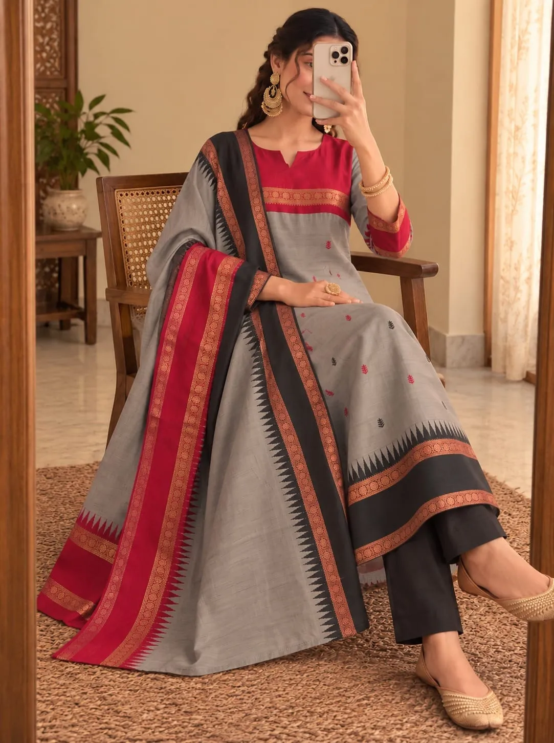 Women Kanchi Cotton Kurti Dupatta Set  V-Neck Ethnic Suit