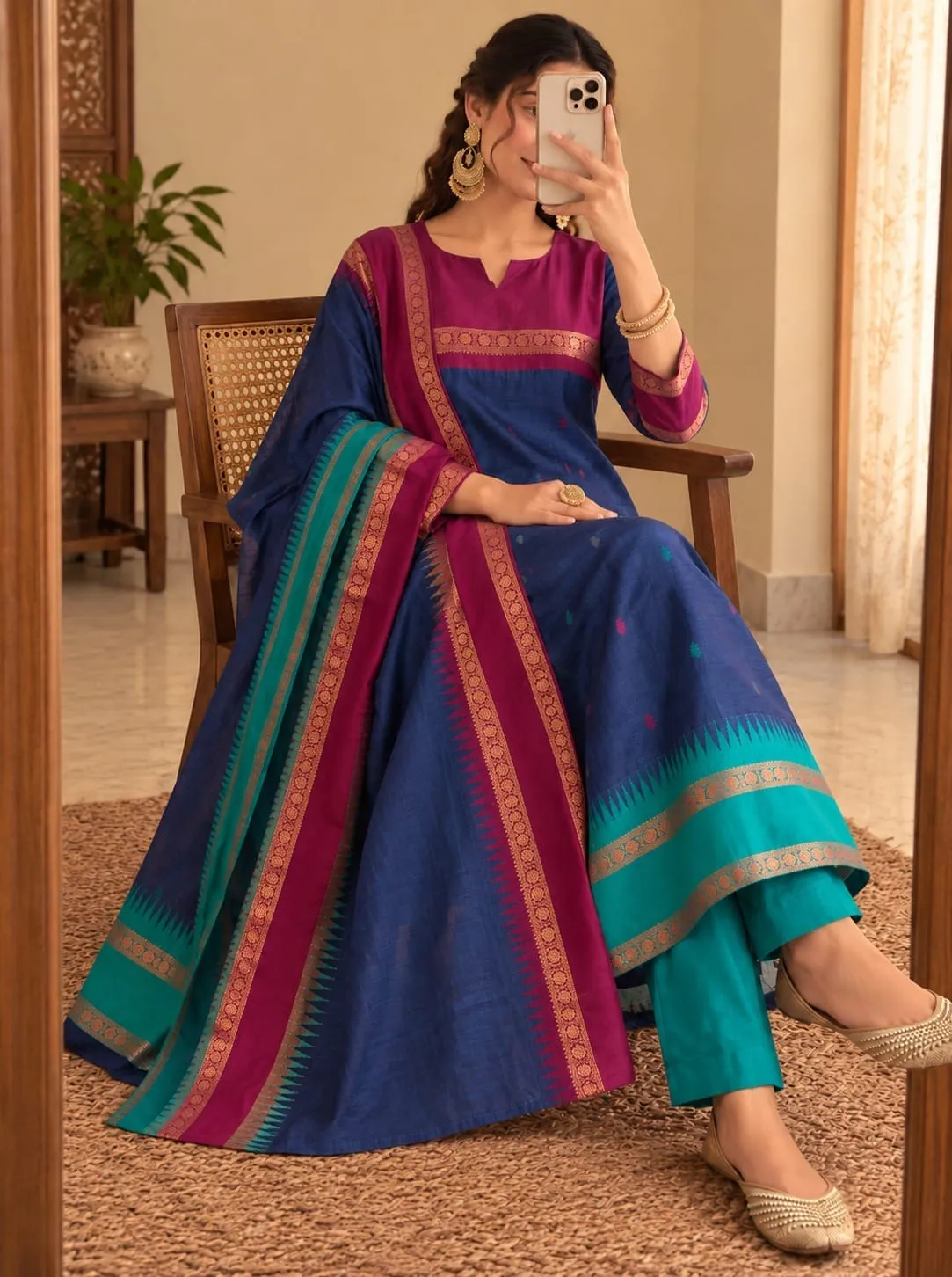 Women Kanchi Cotton Kurti Dupatta Set V-Neck Ethnic Suit - Image 2