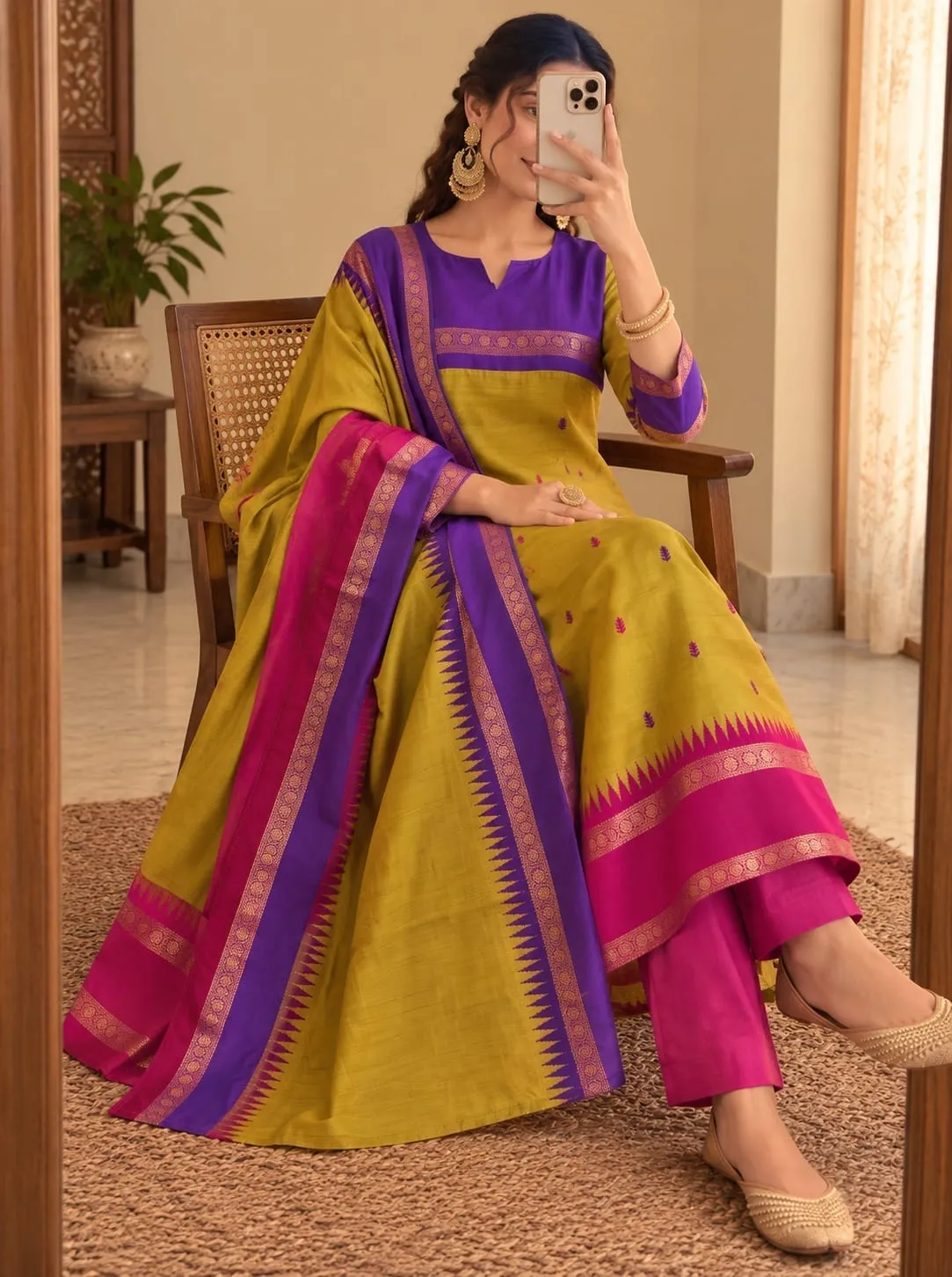 Women Kanchi Cotton Kurti Dupatta Set V-Neck Ethnic Suit - Image 4