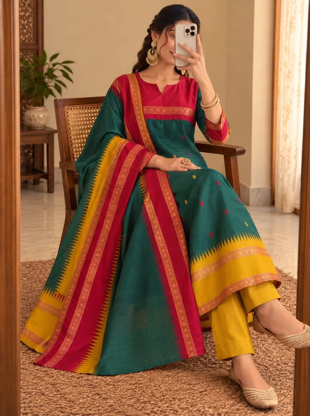 Women Kanchi Cotton Kurti Dupatta Set V-Neck Ethnic Suit - Image 5