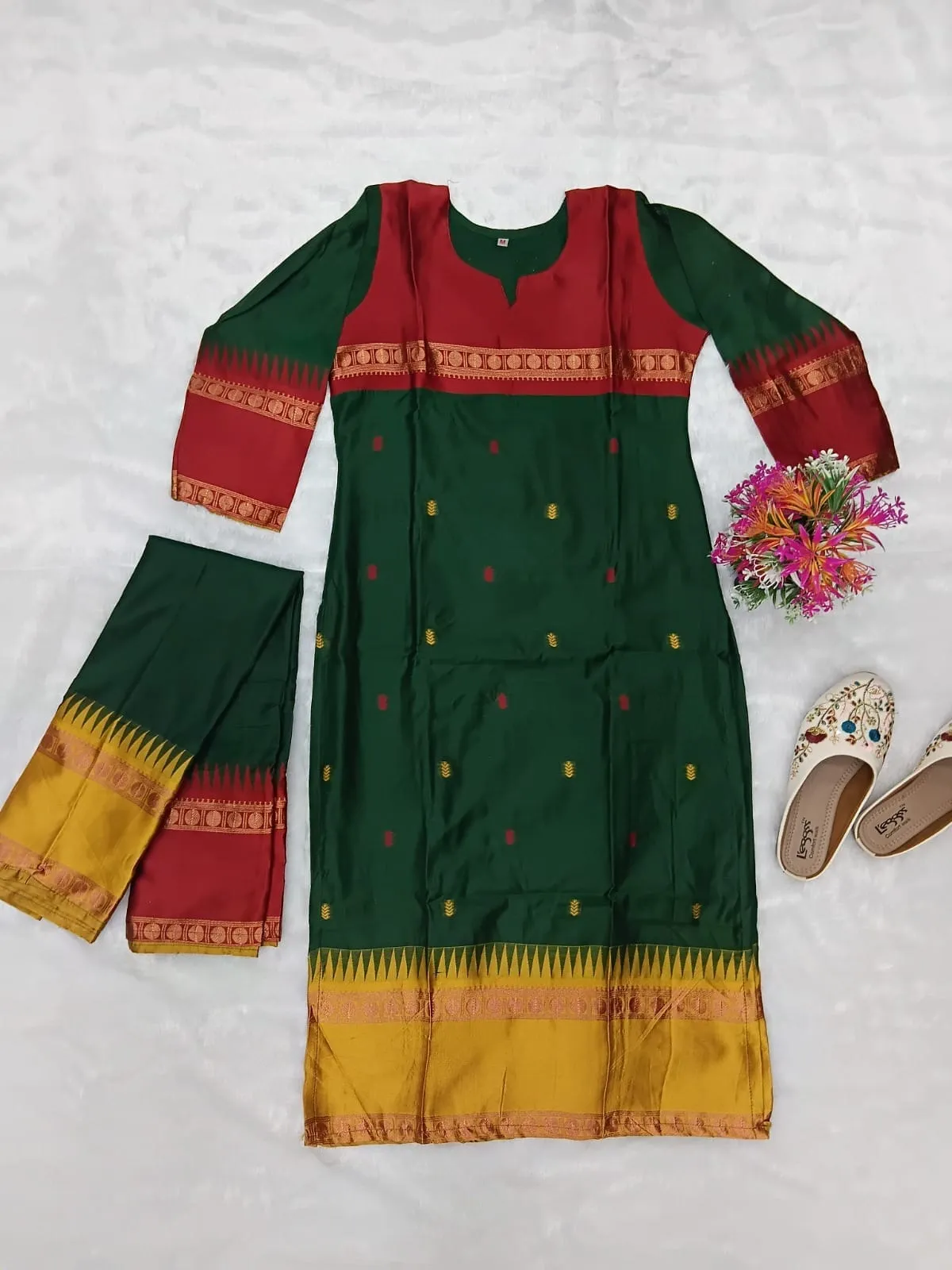 Women Kanchi Cotton Kurti Dupatta Set V-Neck Ethnic Suit - Image 6