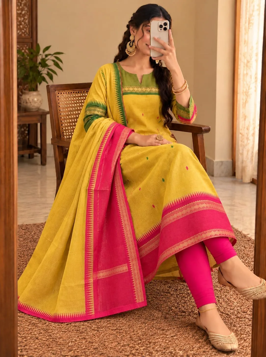 Women Kanchi Cotton Kurti Dupatta Set V-Neck Ethnic Suit - Image 7