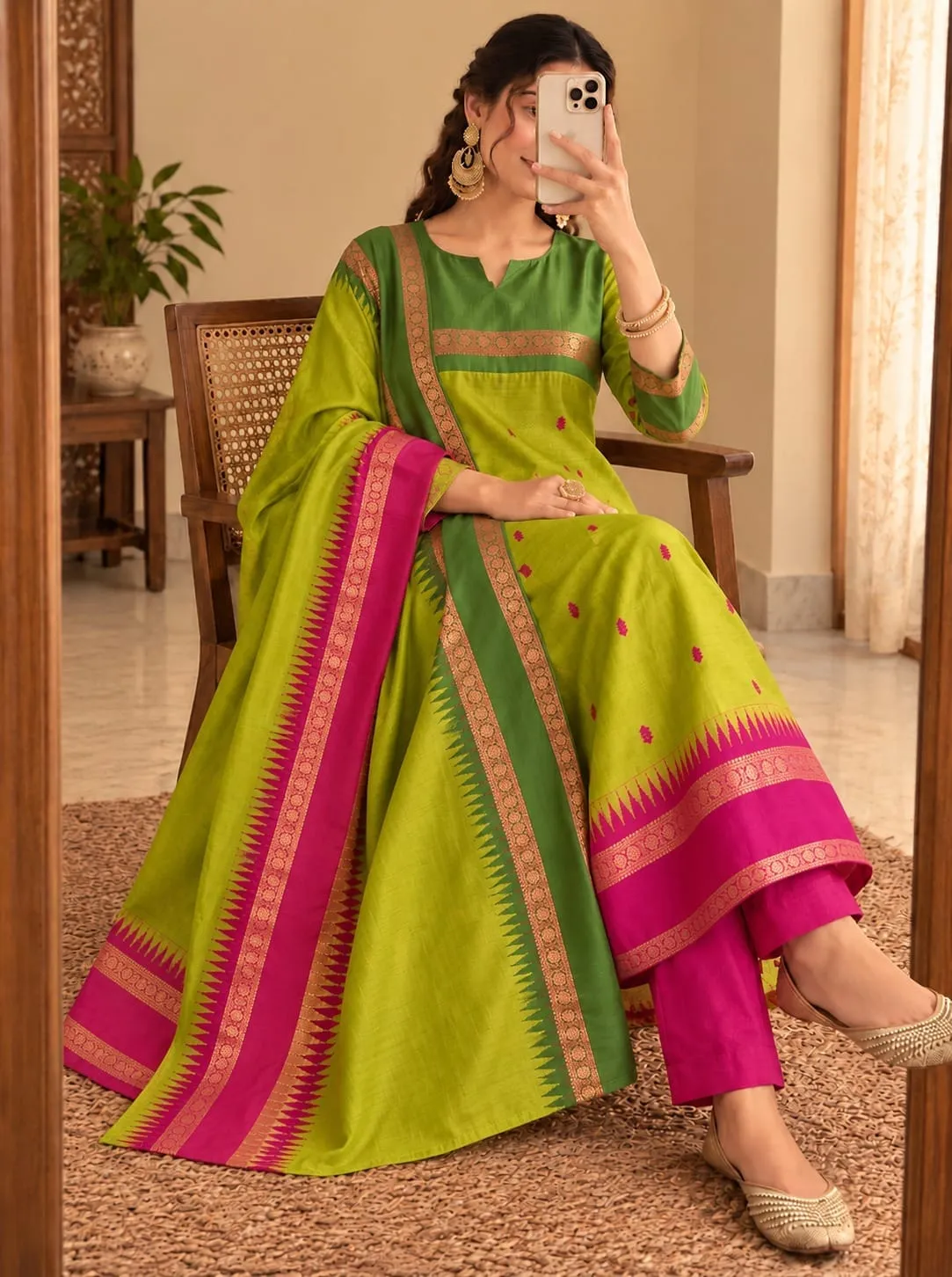 Women Kanchi Cotton Kurti Dupatta Set V-Neck Ethnic Suit - Image 8