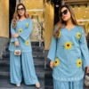 Women Pure 60x60 Cotton Sunflower Embroidered Kurta Set with Flared Farshi Salwar - Image 13