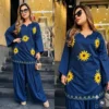 Women Pure 60x60 Cotton Sunflower Embroidered Kurta Set with Flared Farshi Salwar - Image 9