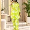 Women’s Floral Printed Rayon Co-ord Set – 2 Piece Collared Tunic Shirt & Matching Trouser Pant Set (Free Size Up to 42)