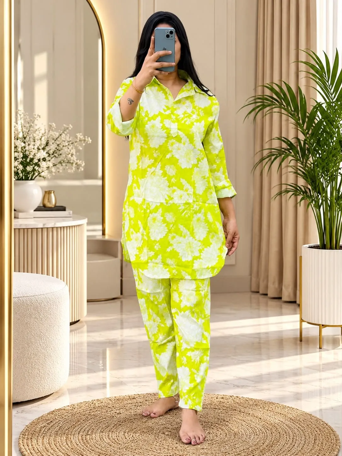 Women’s Floral Printed Rayon Co-ord Set – 2 Piece Collared Tunic Shirt & Matching Trouser Pant Set (Free Size Up to 42)