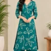 Women's Hand Embroidered V-Neck Straight Kurta with Wide Leg Pant Set (2-Piece Cotton Festive & Daily Wear Suit)