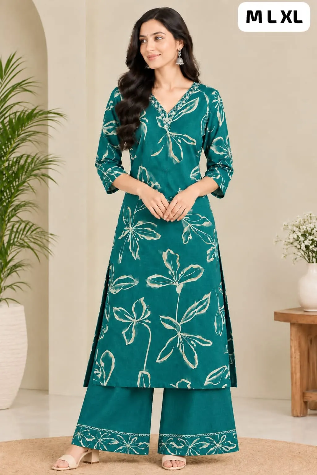 Women's Hand Embroidered V-Neck Straight Kurta with Wide Leg Pant Set (2-Piece Cotton Festive & Daily Wear Suit)