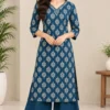 Women's Hand Embroidered V-Neck Straight Kurta with Wide Leg Pant Set (2-Piece Cotton Festive & Daily Wear Suit) - Image 2