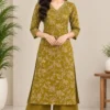 Women's Hand Embroidered V-Neck Straight Kurta with Wide Leg Pant Set (2-Piece Cotton Festive & Daily Wear Suit) - Image 3