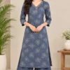 Women's Hand Embroidered V-Neck Straight Kurta with Wide Leg Pant Set (2-Piece Cotton Festive & Daily Wear Suit) - Image 4