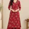 Women's Hand Embroidered V-Neck Straight Kurta with Wide Leg Pant Set (2-Piece Cotton Festive & Daily Wear Suit) - Image 7
